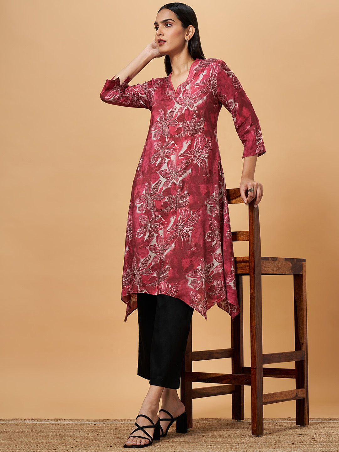 Marigold Lane Floral Printed Thread Work A-Line Kurta