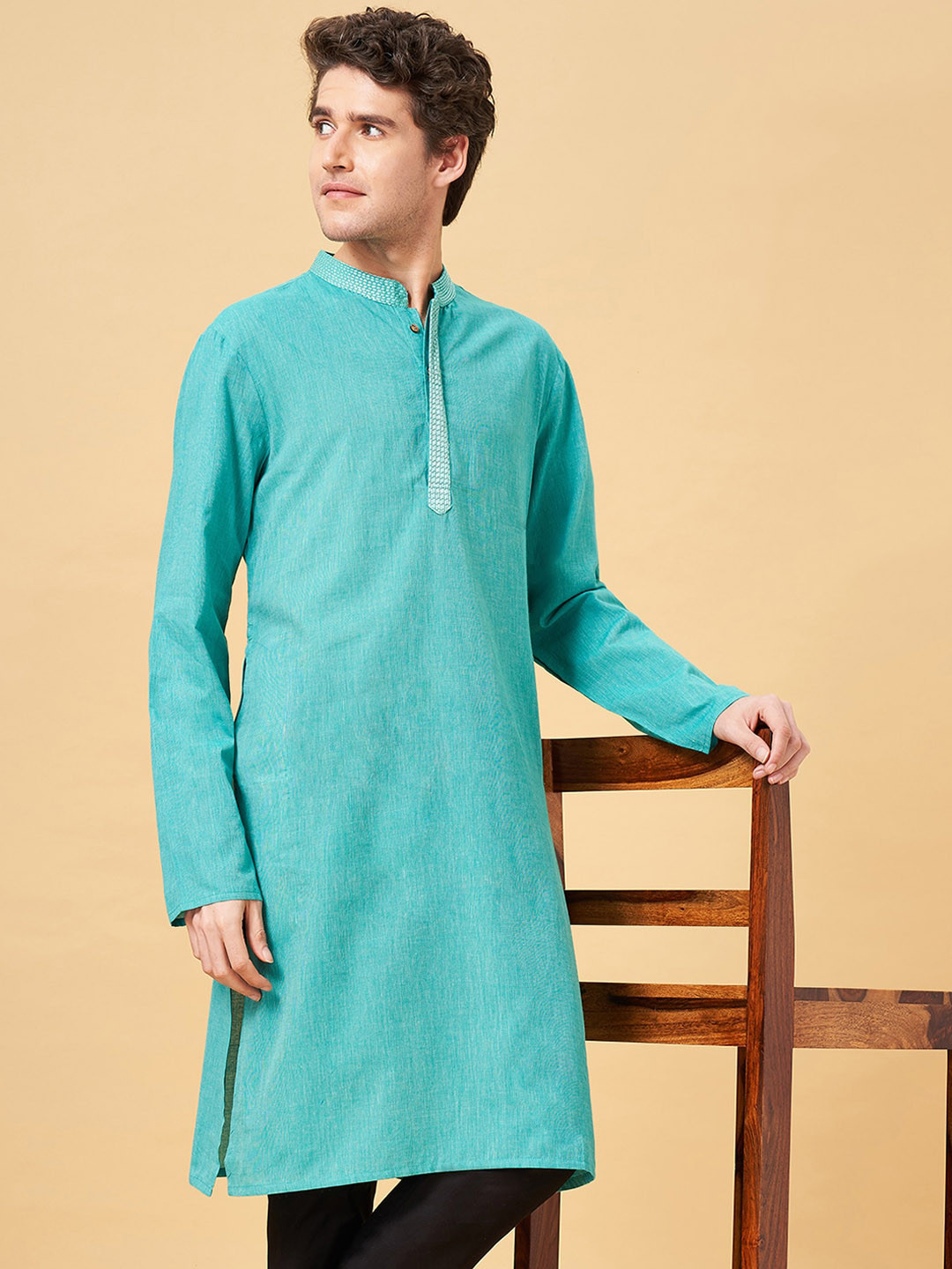 YU by Pantaloons Mandarin Collar Long Sleeves Thread Work Cotton Kurta