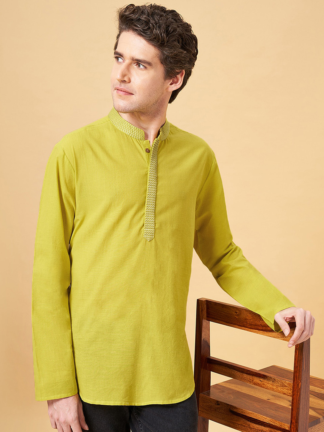 YU by Pantaloons Mandarin Collar Long Sleeves Thread Work Cotton Kurta