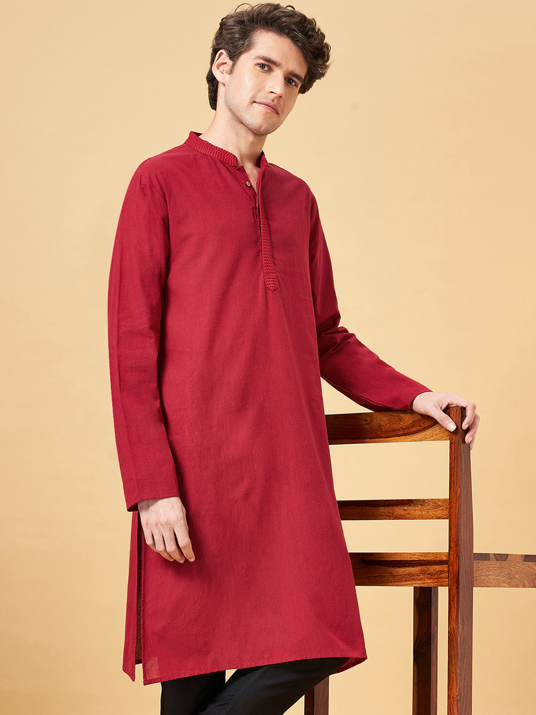 YU by Pantaloons Mandarin Collar Long Sleeves Thread Work Cotton Kurta