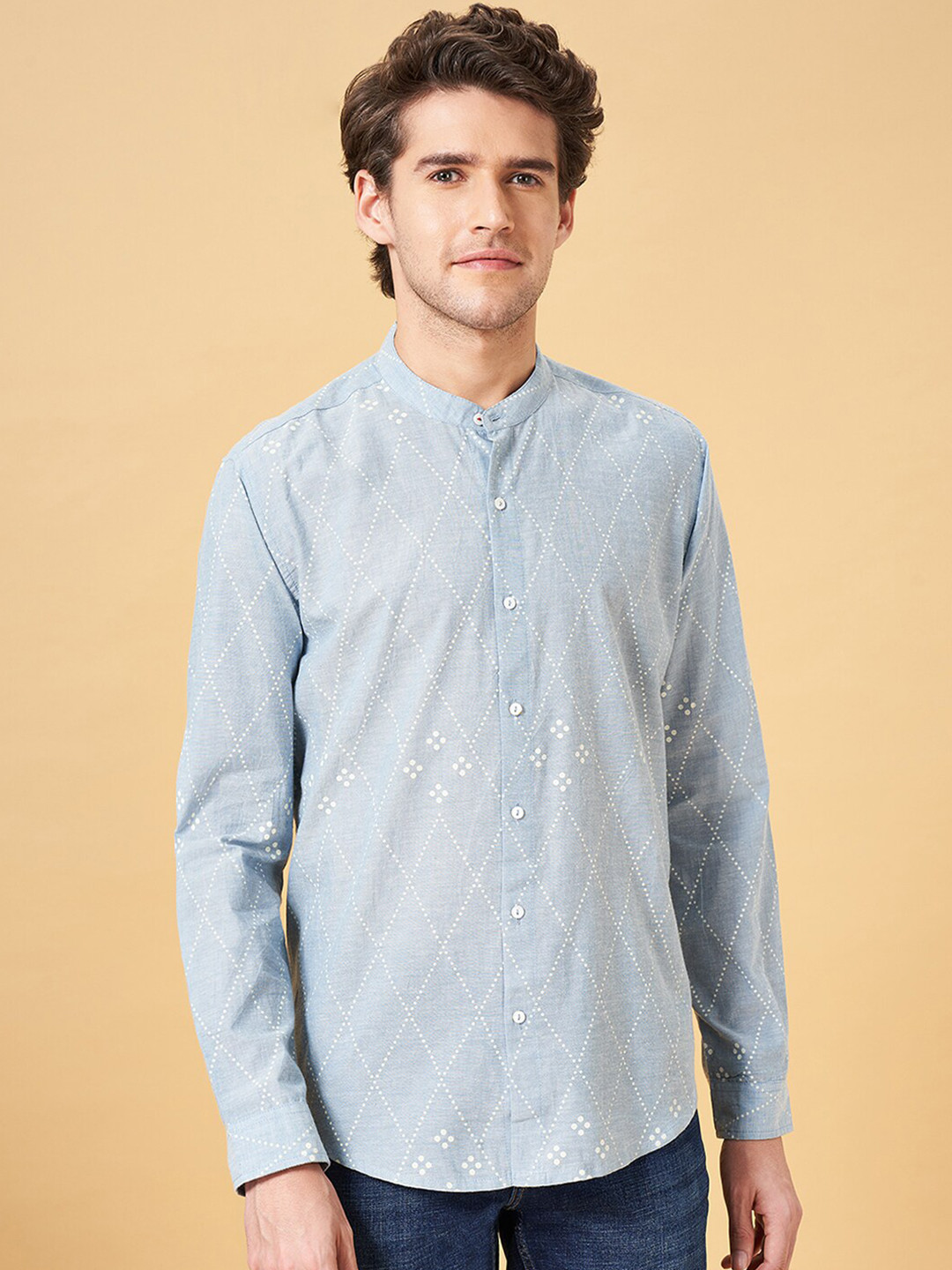 indus route by Pantaloons Pinstripes Mandarin Collar Long Sleeves Cotton Casual Shirt