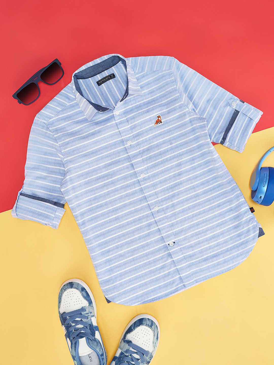 Pantaloons Junior Boys Horizontal Striped Spared Collar Long Roll-Up Sleeves Casual Shirt