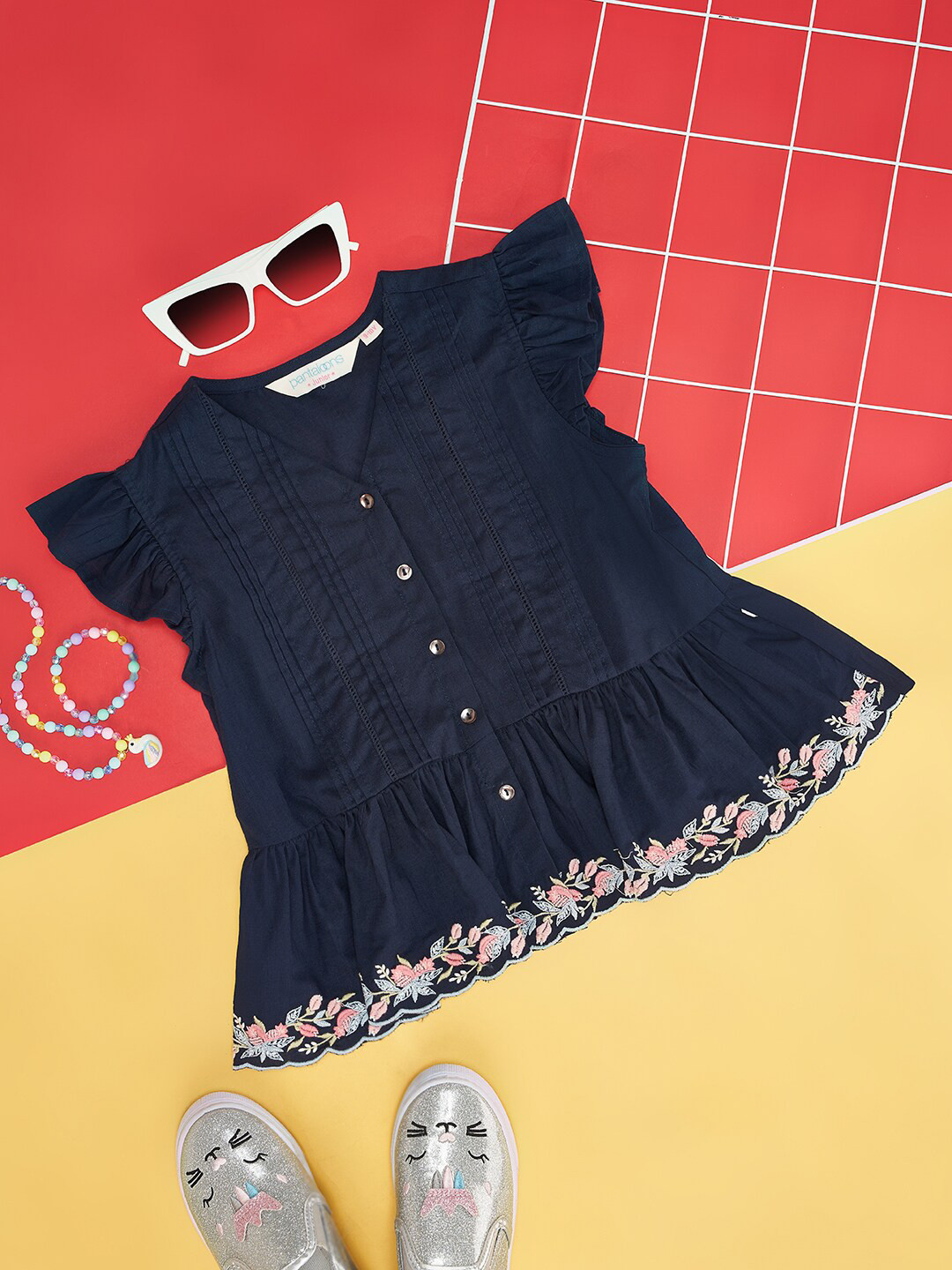 AKKRITI BY PANTALOONS Girls Floral Embroidered Lace Inserts Flutter Sleeves A-Line Top
