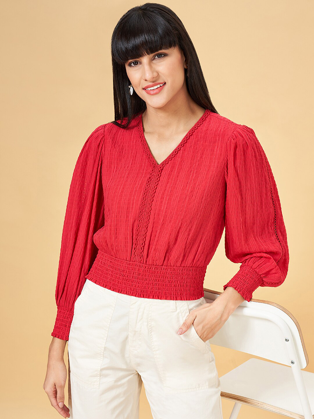 Honey by Pantaloons V-Neck Cuffed Sleeves Crop Top