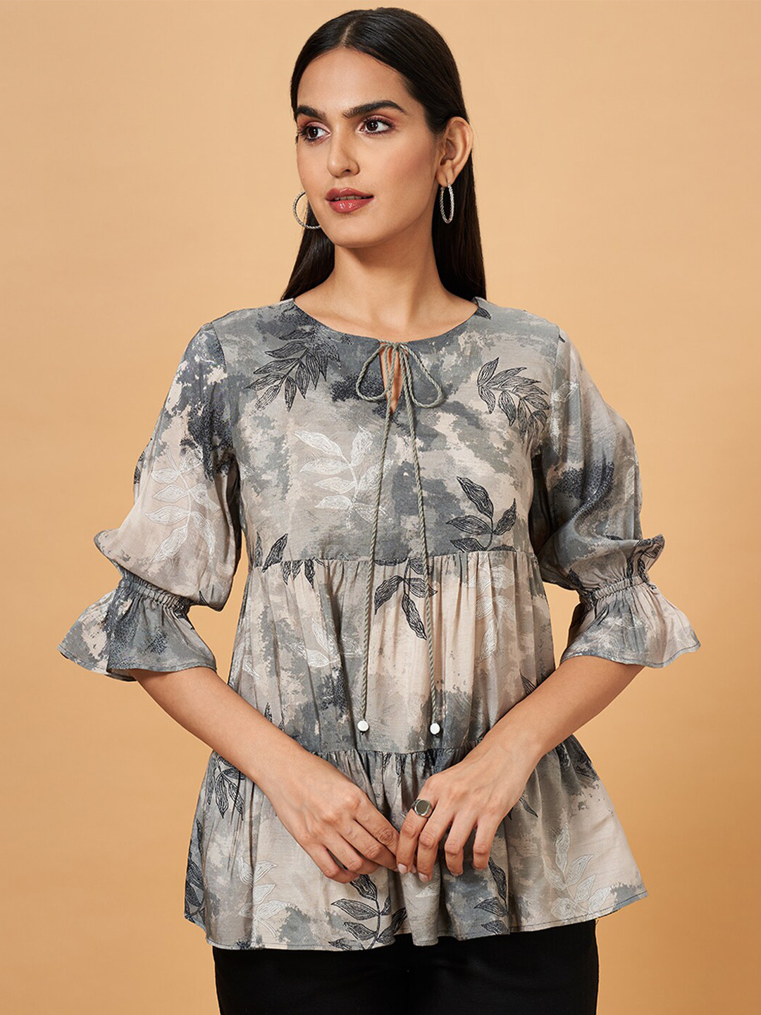 Marigold Lane Printed Layered Tie-Up Neck Bell Sleeves Empire Top