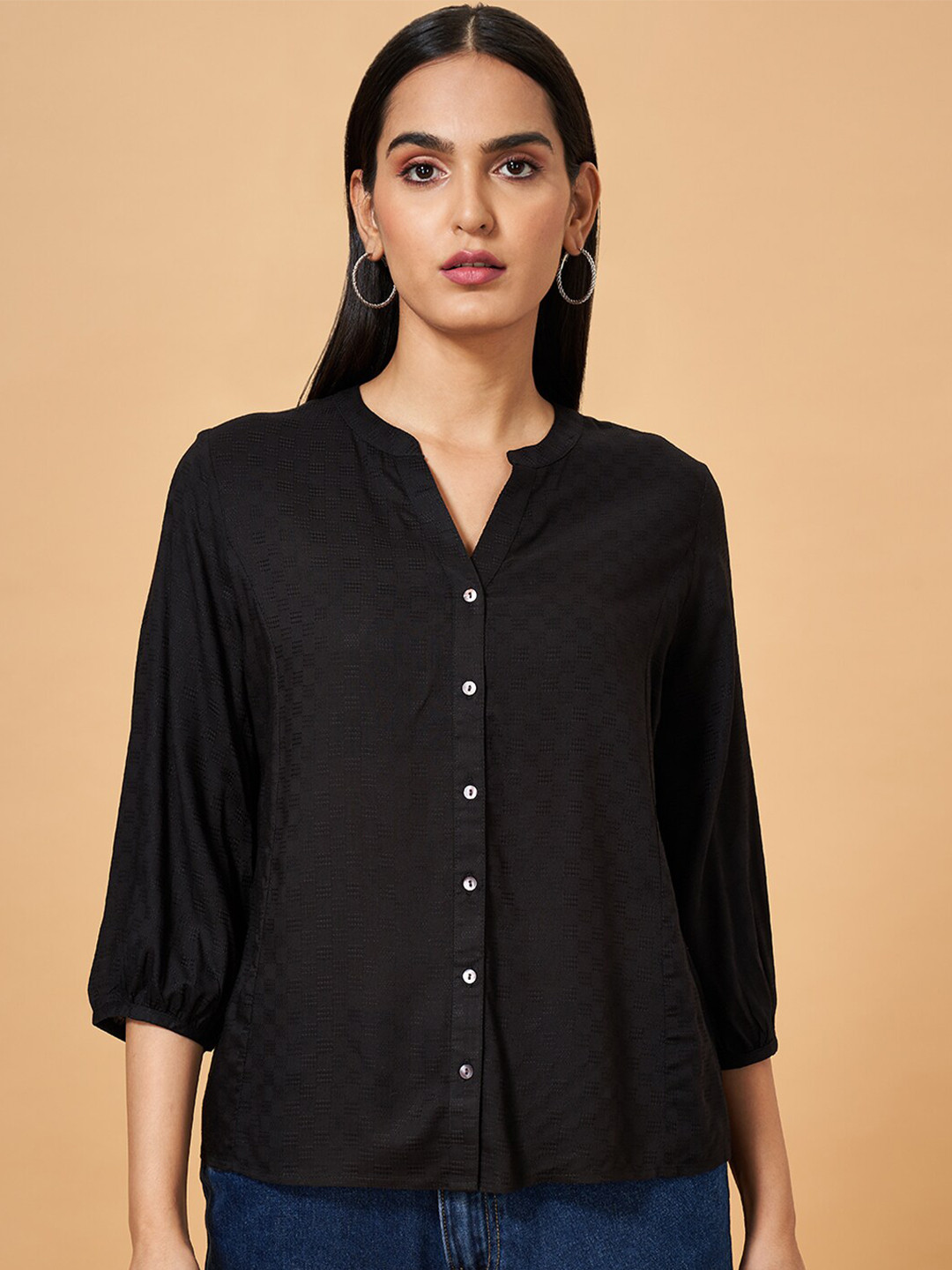 Marigold Lane Self Design Mandarin Collar Puffed Sleeves Shirt Style Top