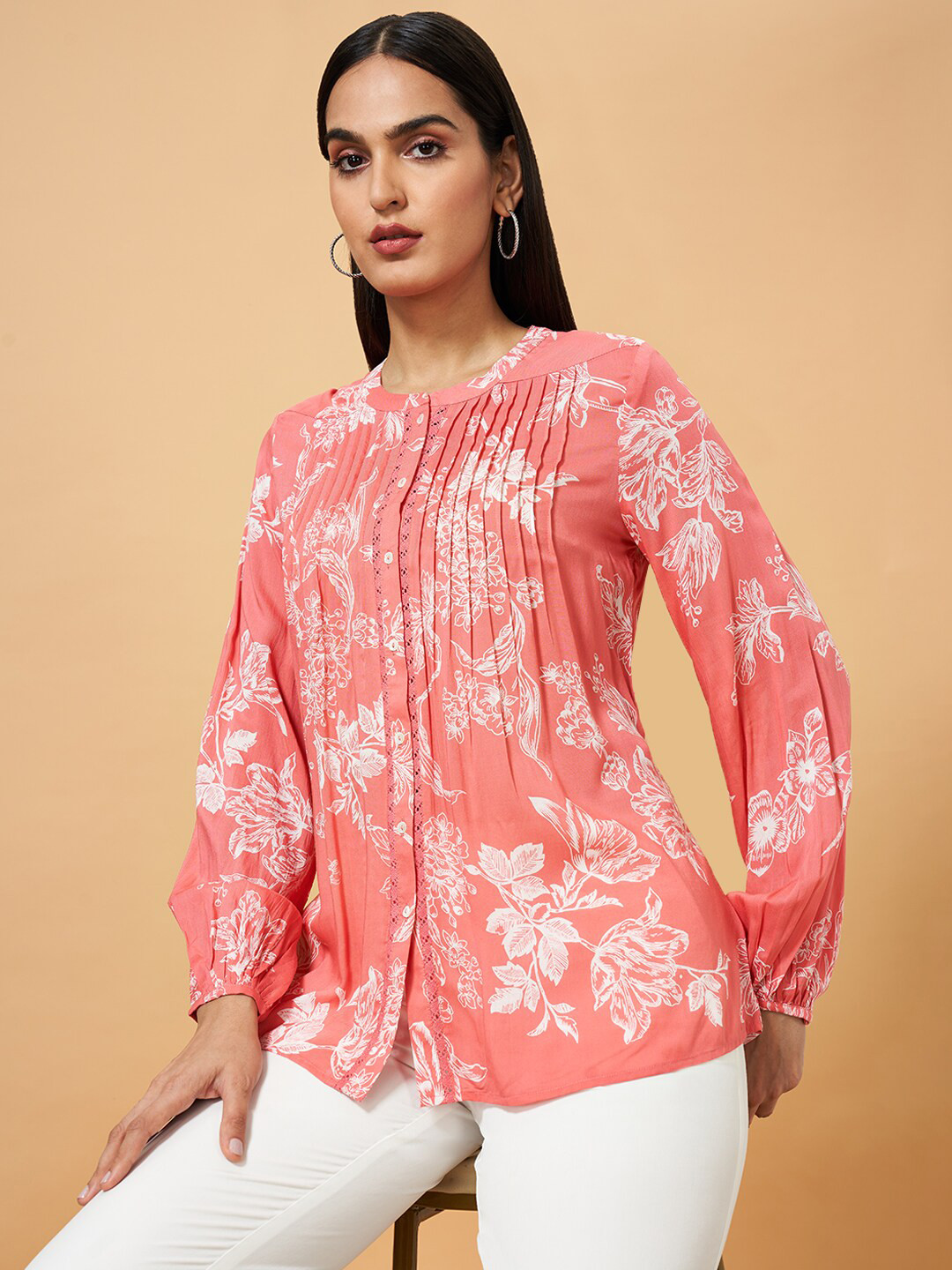 Marigold Lane Floral Printed Mandarin Collar Cuffed Sleeves Shirt Style Top