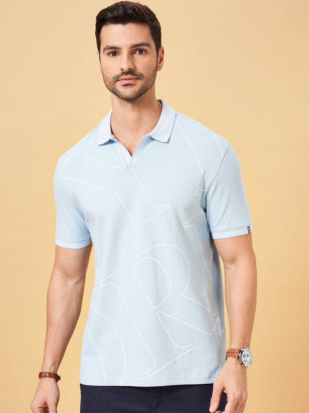 BYFORD by Pantaloons Printed Cotton Polo Collar Raw Edge Slim Fit Casual T-shirt