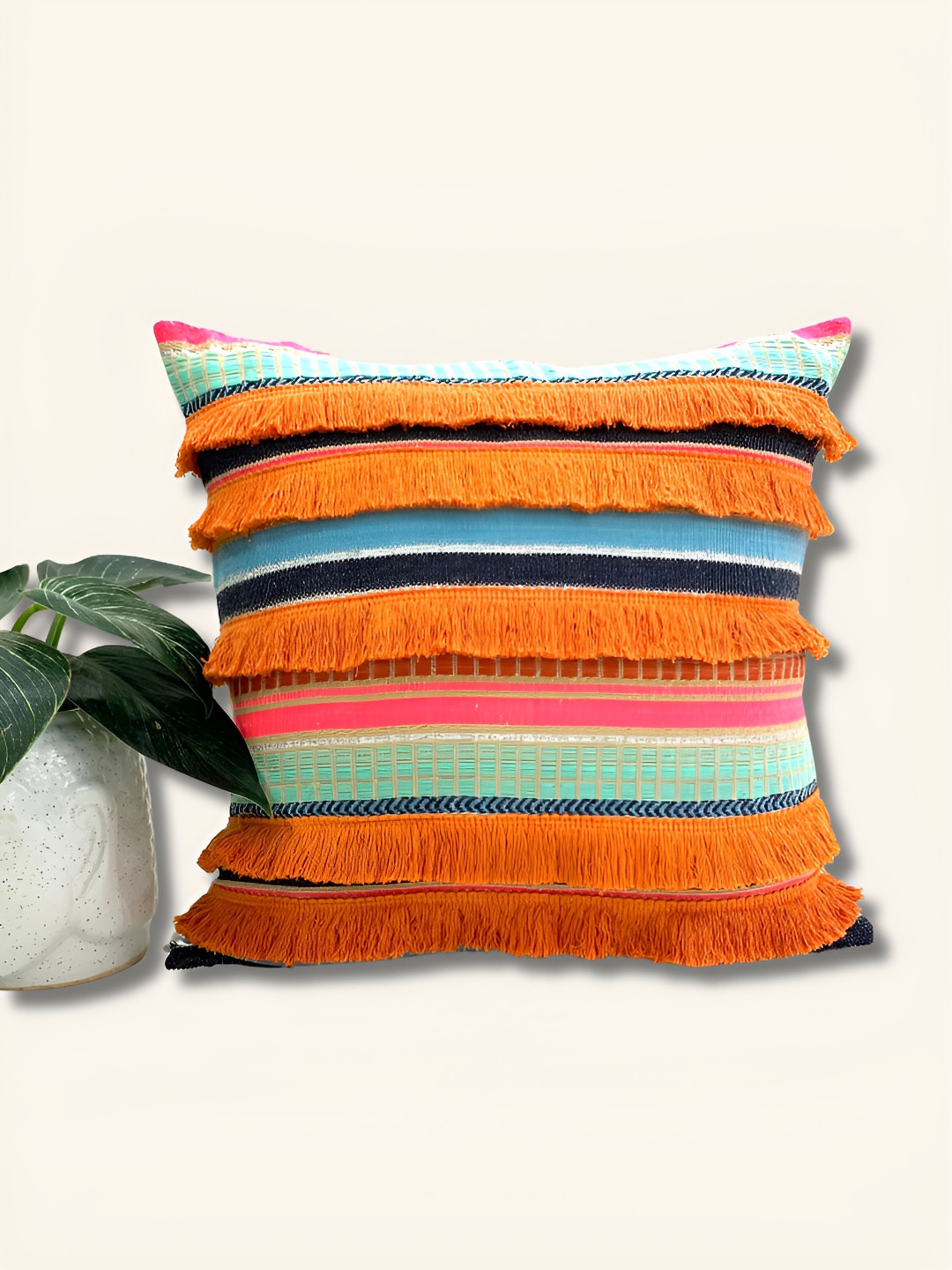 SLEEPY THREADS Orange & Red Striped Embellished Square Cushion Covers