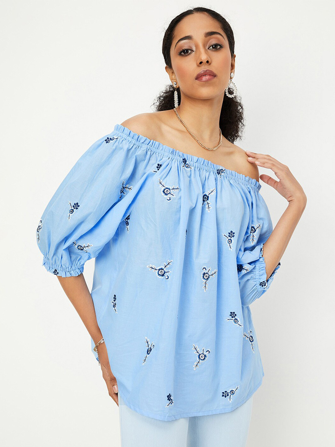max Floral Embroidered Off-Shoulder Cotton Bardot Top