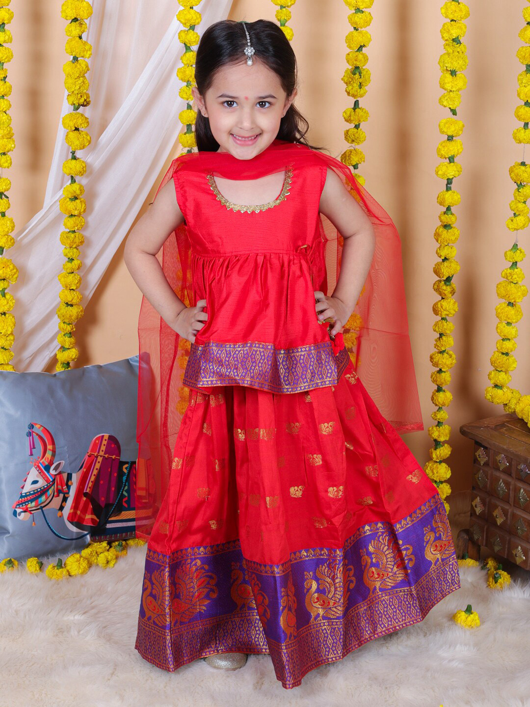 BownBee Girls Woven Designed Ready To Wear Lehenga & Blouse With Dupatta