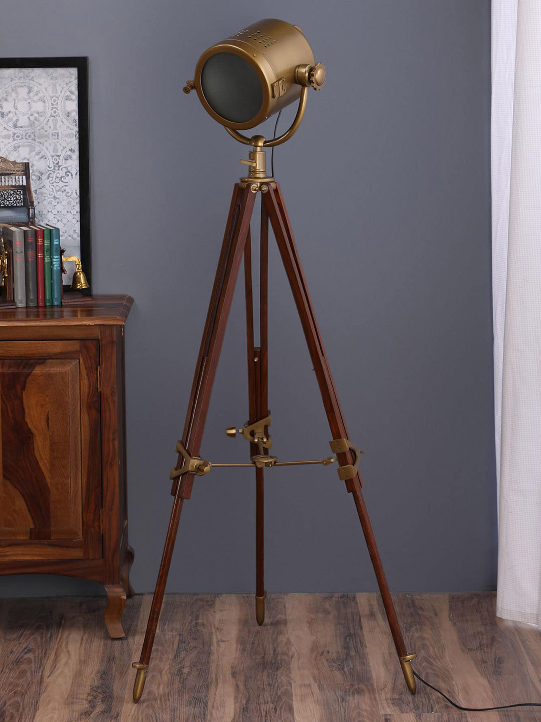 pristine interiors Gold Toned & Red Aluminium Endeavour Tripod Spot Light Floor Lamp