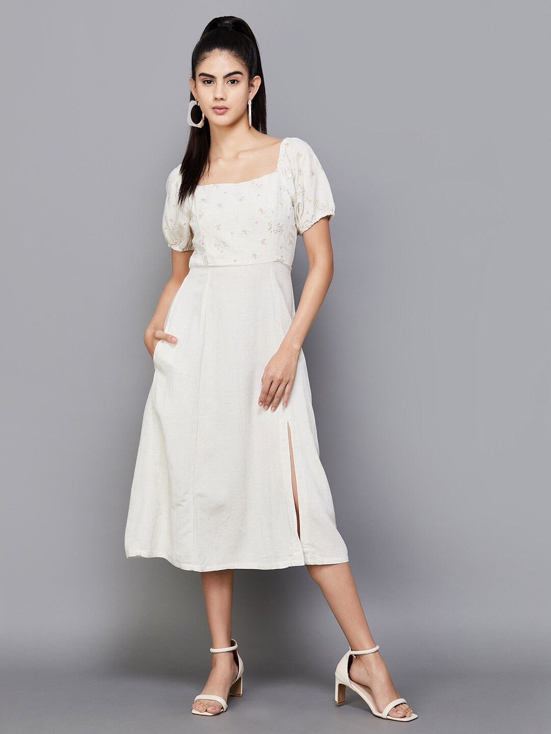 CODE by Lifestyle Floral Embroidered Puff Sleeves Fit & Flare Midi Dress