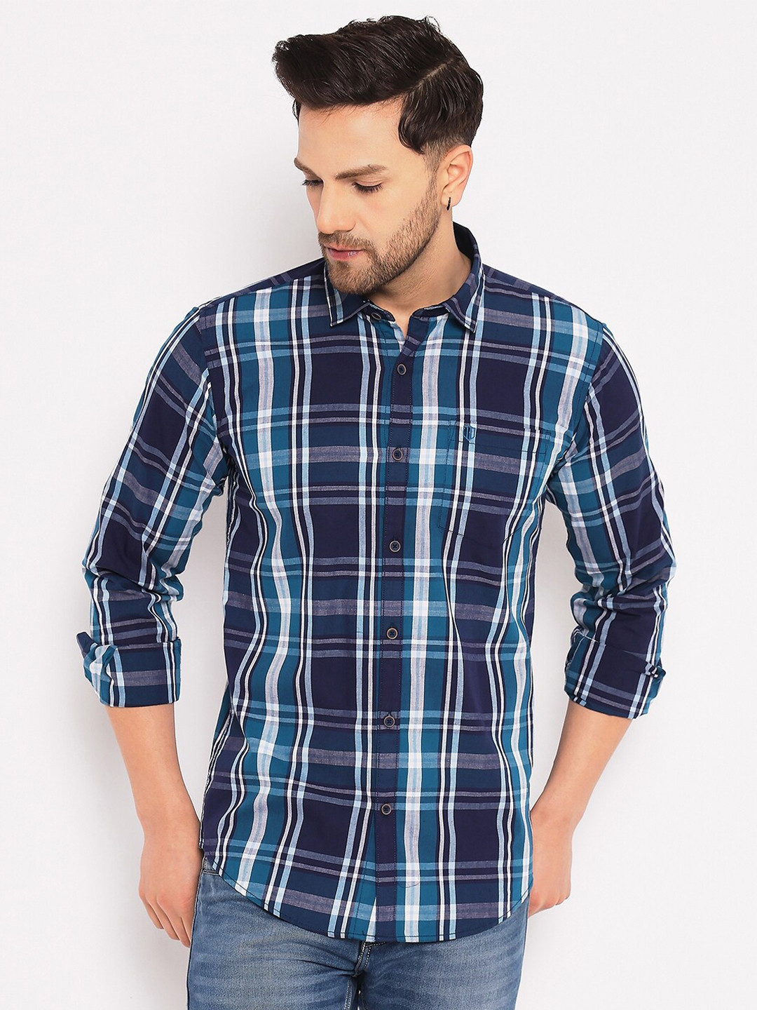 Duke Tartan Checks Cotton Spread Collar Slim Fit  Opaque Checked Casual Shirt