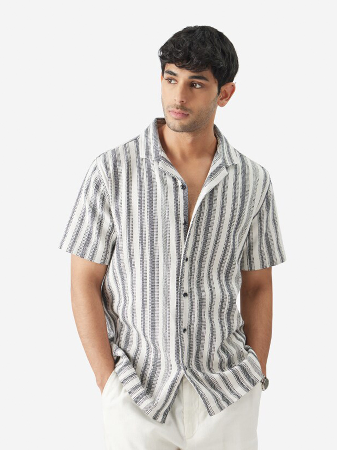 The Souled Store Short Sleeve Spread Collar Opaque Striped Casual Shirt