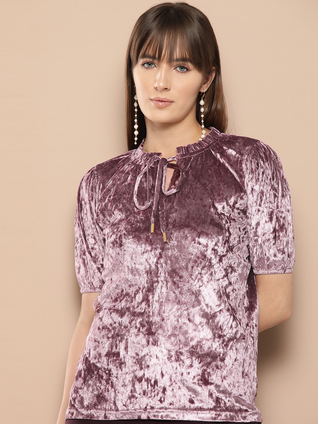 Chemistry Tie-Up Neck Puff Sleeve Velvet Top