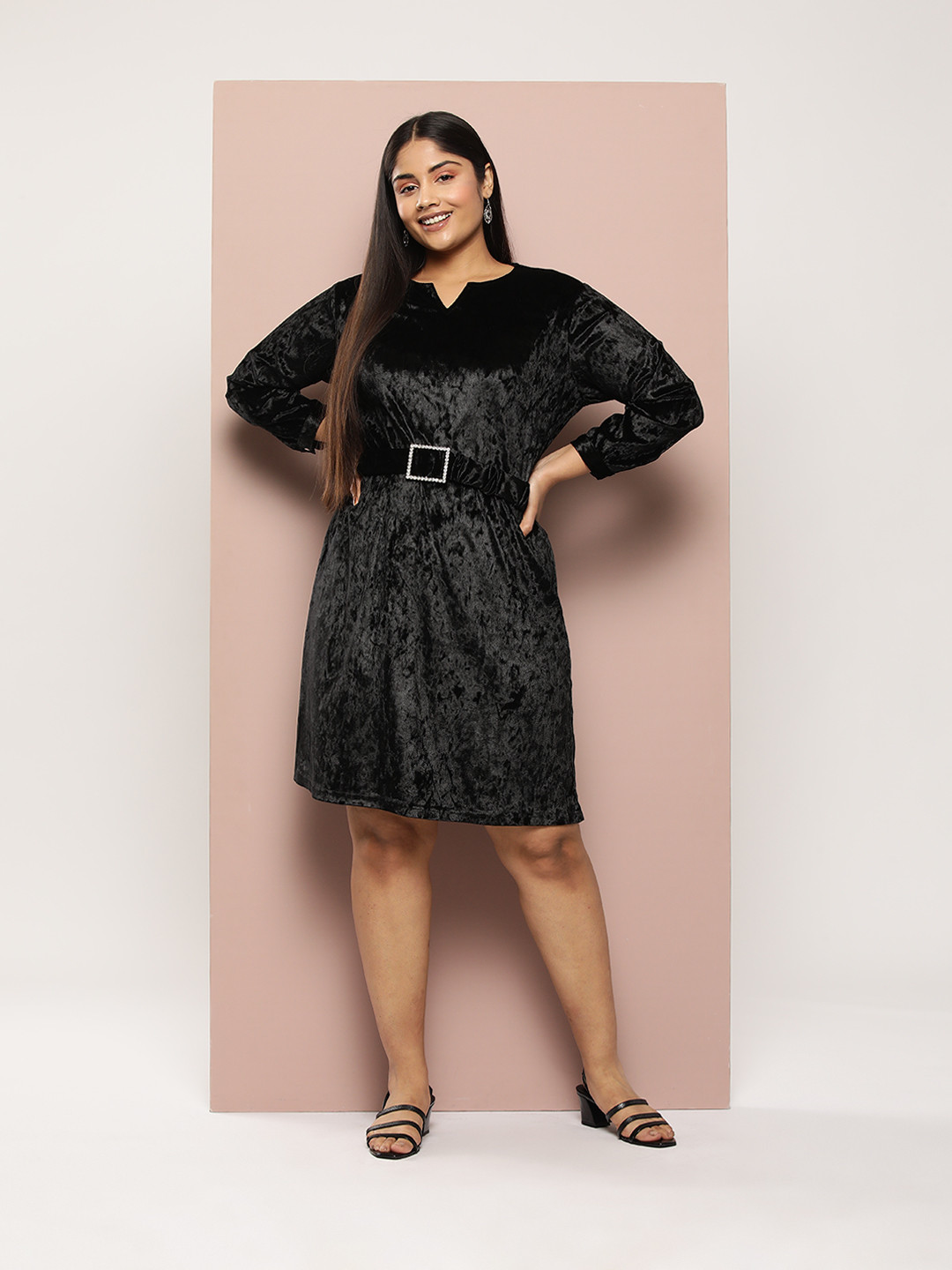 Sztori Plus Size Solid Belted Velvet A-Line Dress