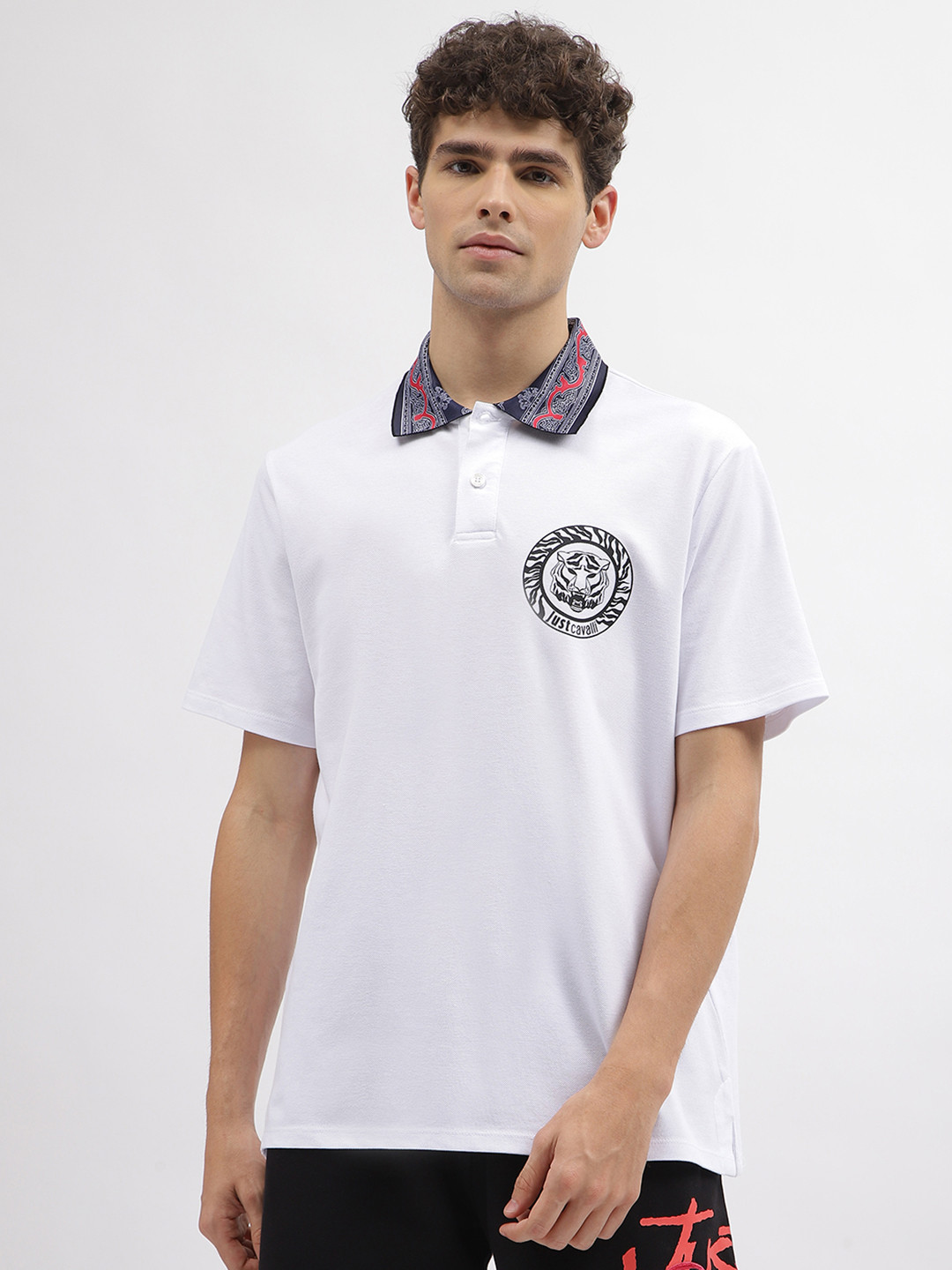 Just Cavalli Men White Logo Printed Solid Polo Collar Short Sleeves T-shirt