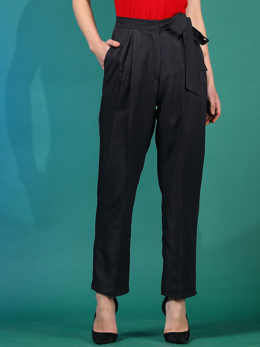 Stylecast X Kotty Black Women Relaxed Straight Leg High-Rise Pleated Peg Trousers