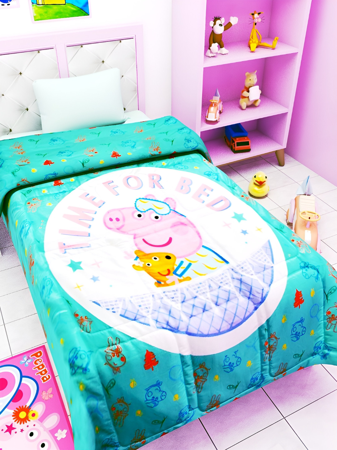 Athom Living Kids Green & White Cartoon Characters AC Room 210 GSM Single Bed Comforter