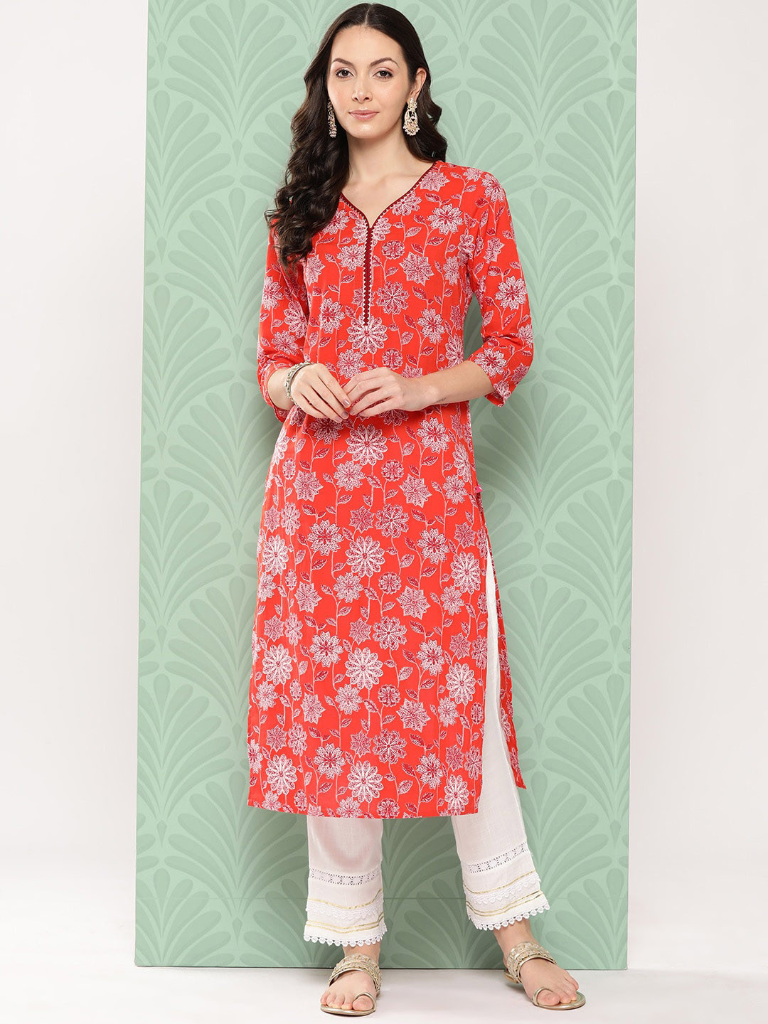 KALINI Floral Printed Gotta Patti Detailed Cotton Straight Kurta