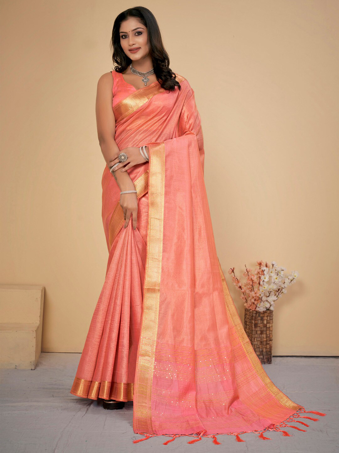 Saree mall Woven Design Sequined Zari Sarees with Tassels