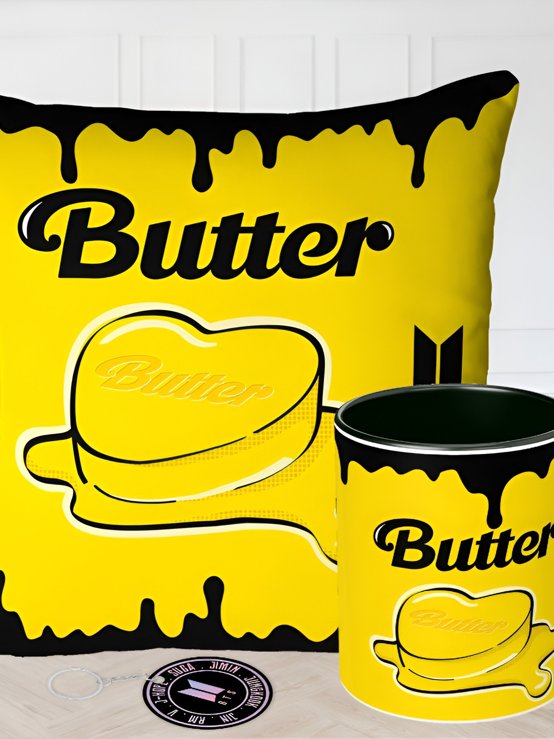 RENVOX Yellow Black 2 Pieces Printed Cushion With Mug Home Gift Set