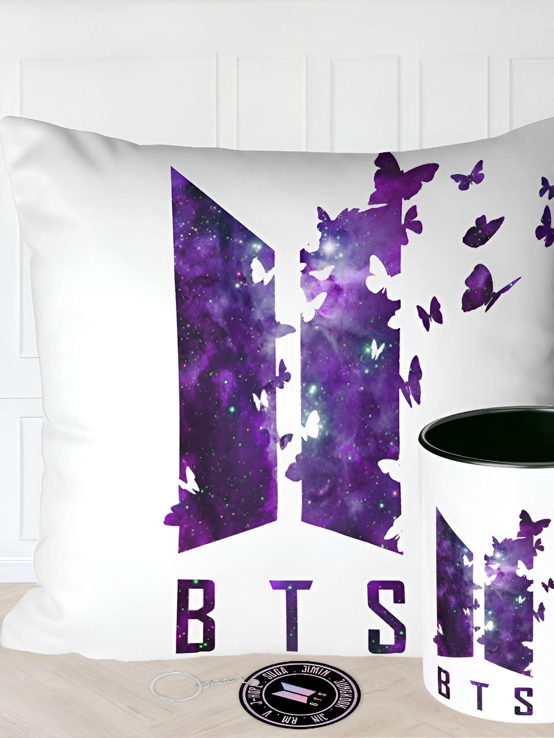 RENVOX Blue & Purple 3 Pieces Printed Cushion Mug & Key Chain Home Gift Set