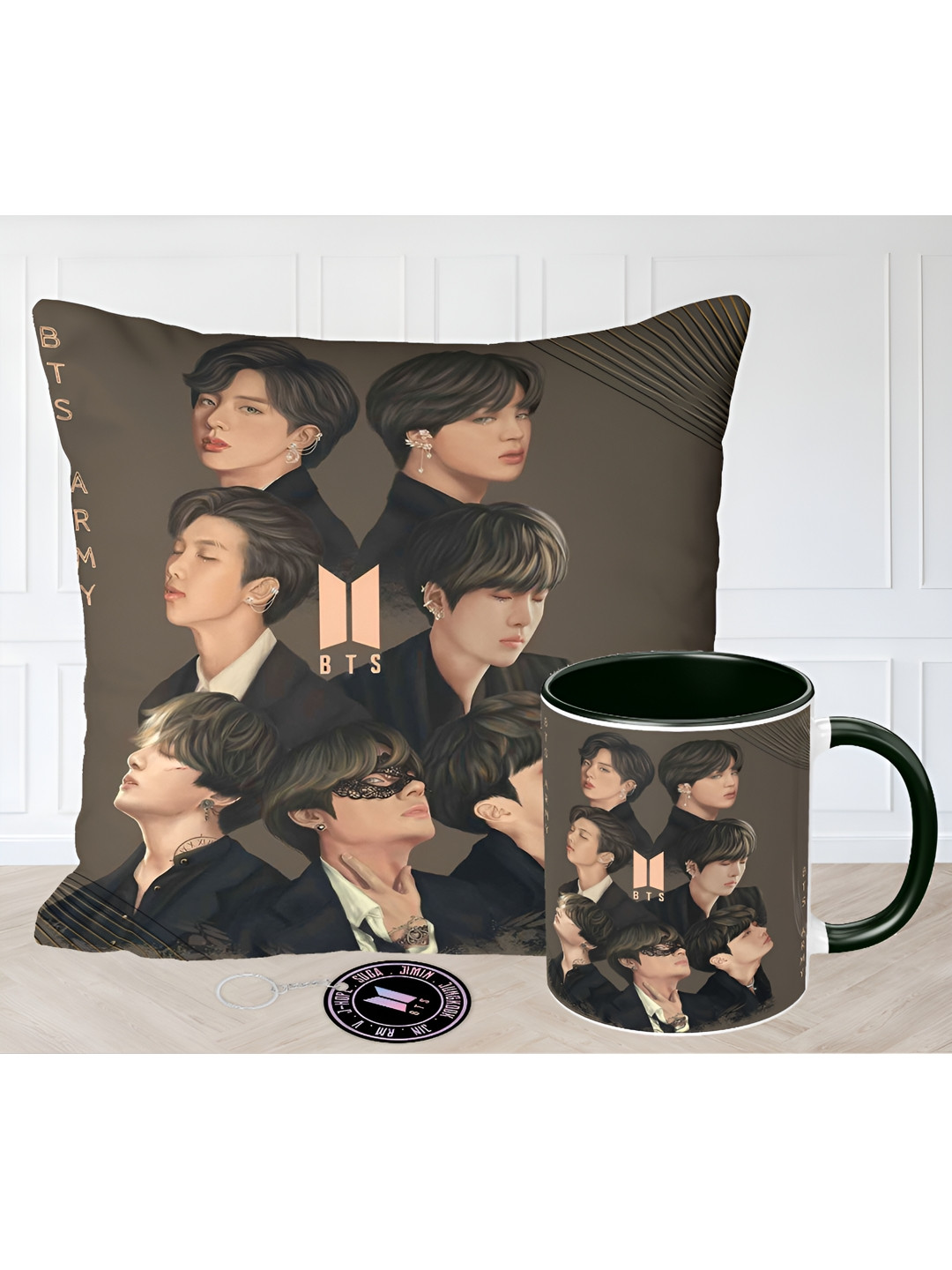 RENVOX Brown & Pink 3 Pieces Printed Cushion Mug & Key Chain Home Gift Set