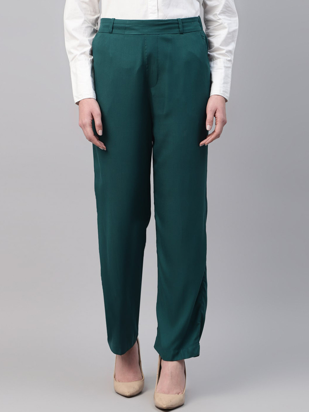 English Navy Women Slim Fit High-Rise Plain Formal Trousers Trouser