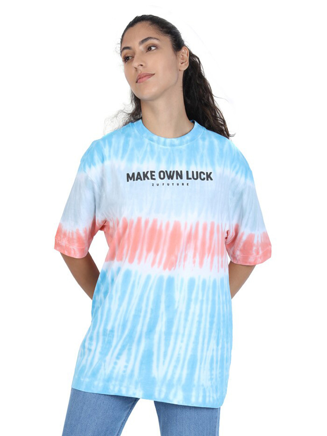 ZU Tie & Dye Round Neck Drop-Shoulder Sleeves Cotton Oversized T-shirt