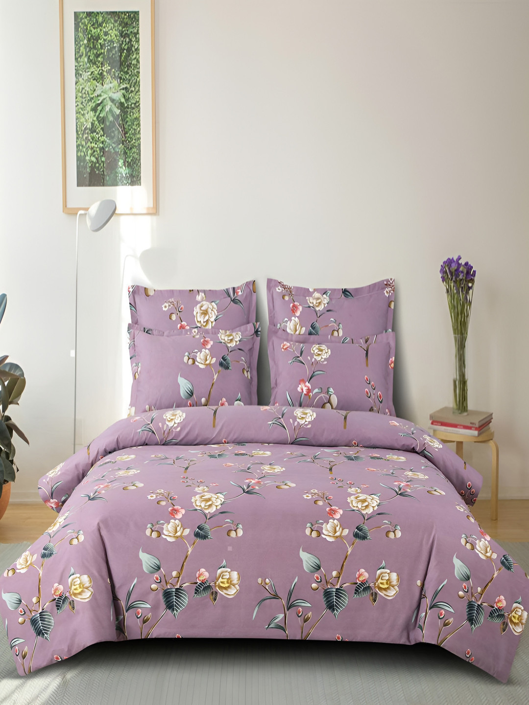 Laying Style Pink & Green Floral Printed King Duvet Cover