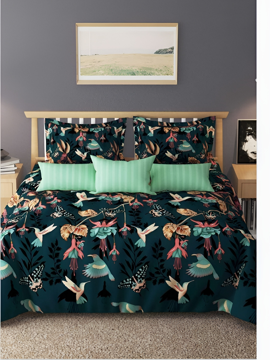 Laying Style Green & Black Floral Printed Printed 160 TC King Duvet Cover
