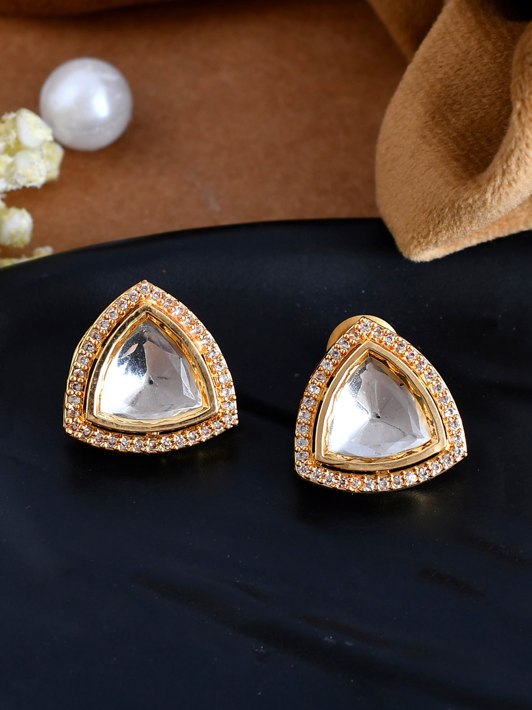 Shoshaa Triangular Gold-Plated American Diamond Studs Earrings