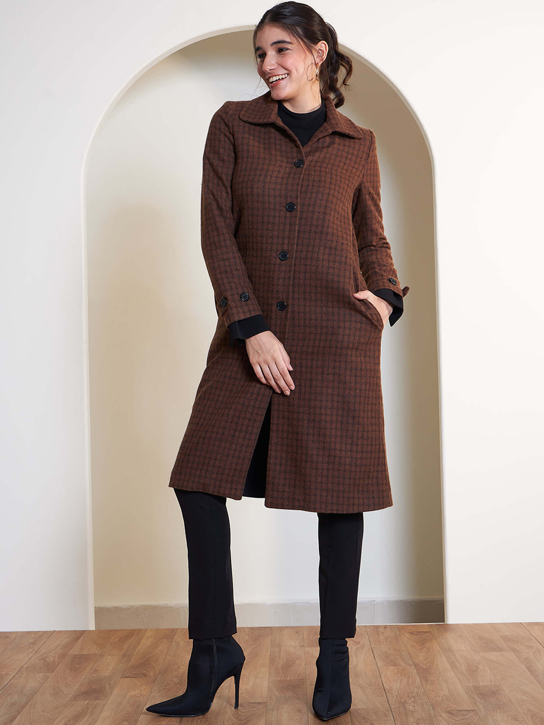 SALT ATTIRE Checked Slim Fit Single-Breasted Longline Overcoat