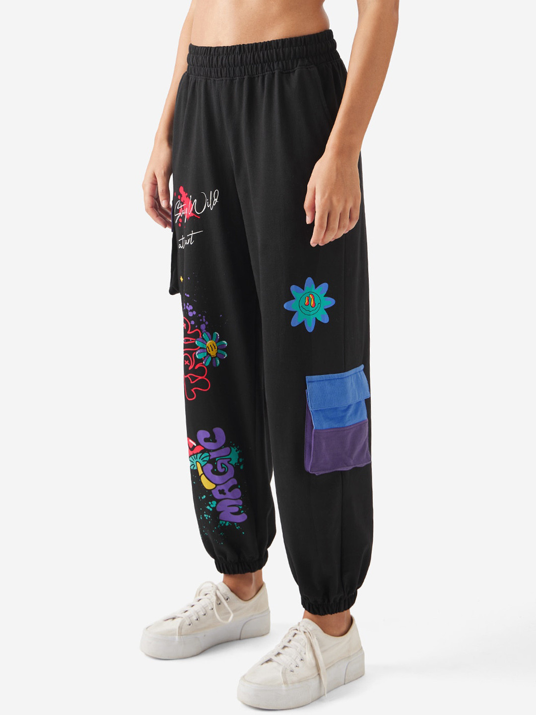 The Souled Store Women Black Magic Trip Printed Pure Cotton Relaxed-Fit Joggers