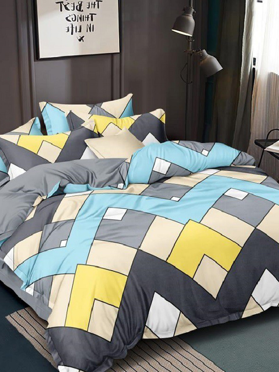Laying Style Yellow 4 Pieces Geometric Printed Cotton Double King Sized Bedding Set