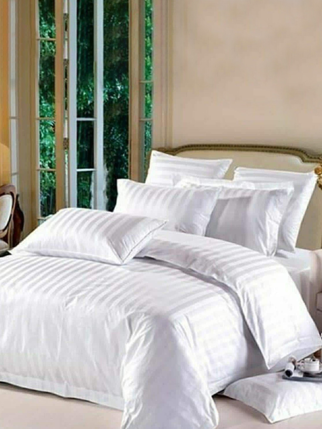 Laying Style White Striped Printed Fine Satin Double King Bedding Set