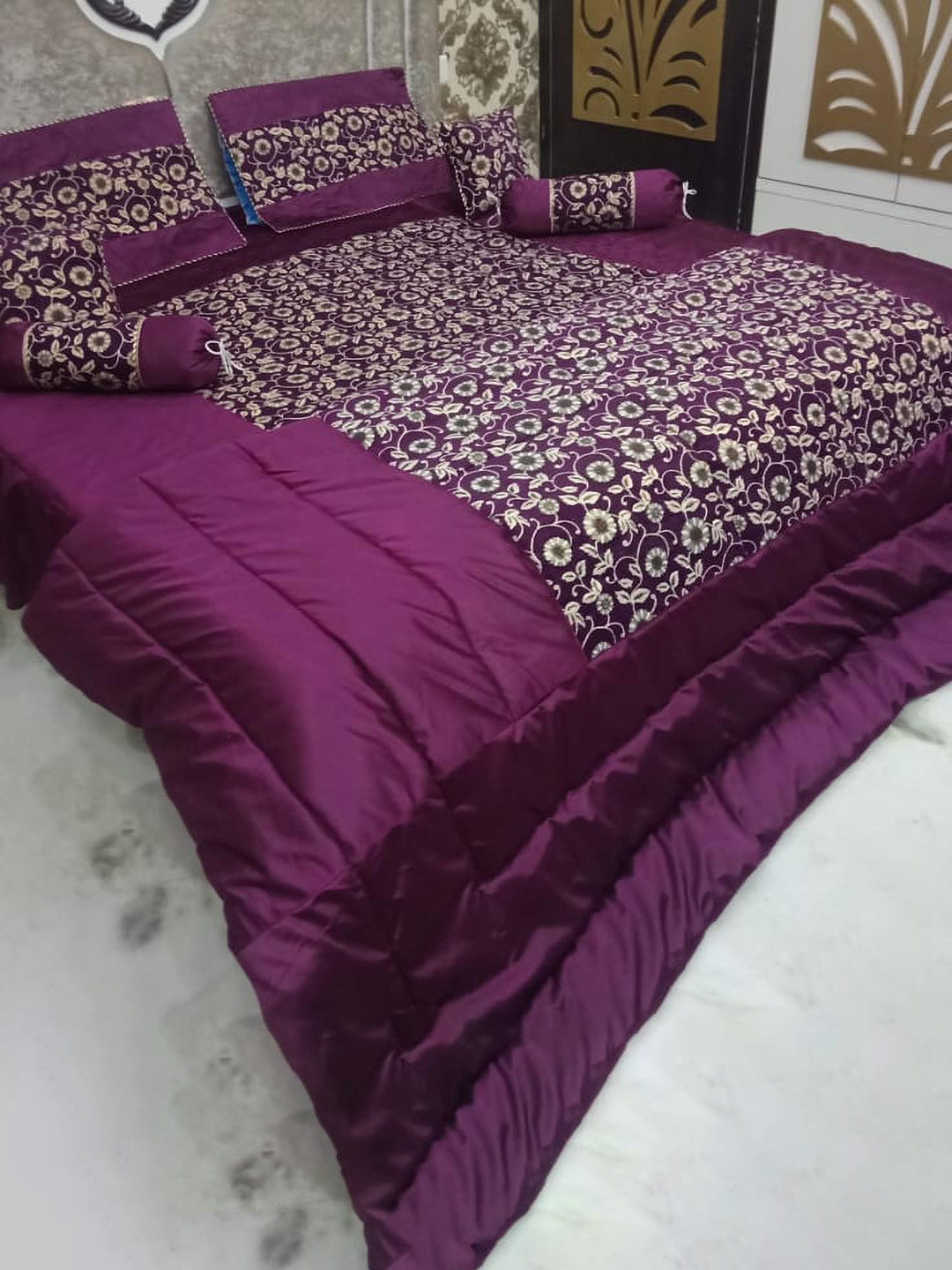 Laying Style Purple & Beige 8 Pieces Ethnic Printed Double King Sized Bedding Set