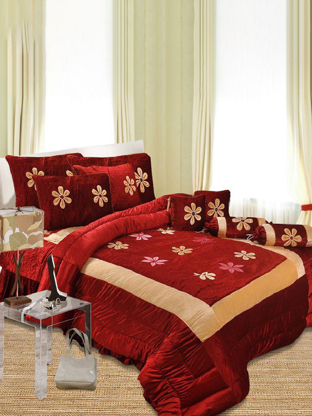 Laying Style 4 Pieces Maroon Double King Sized Velvet Bedding Set