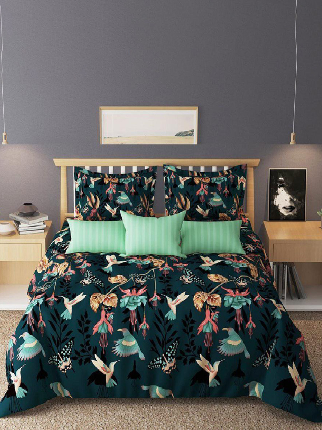 Laying Style 4 Pieces Green Floral Printed Double King Sized Cotton Bedding Set