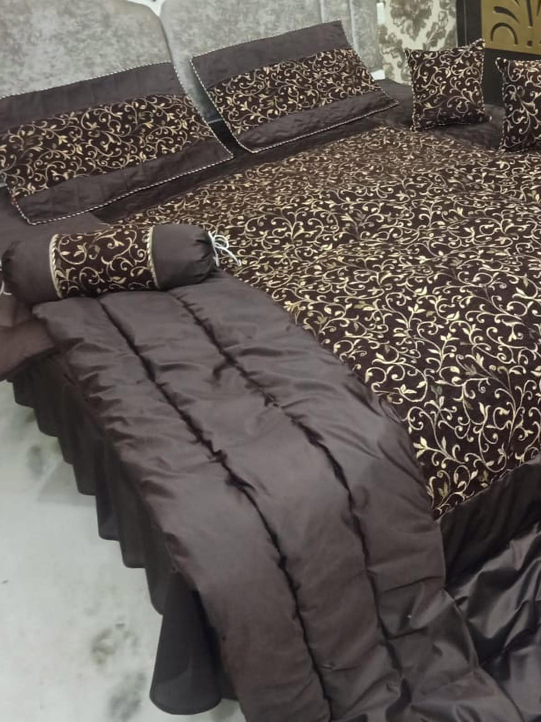 Laying Style Brown & Gold Toned 8 Pieces Ethnic Printed Double King Sized Bedding Set