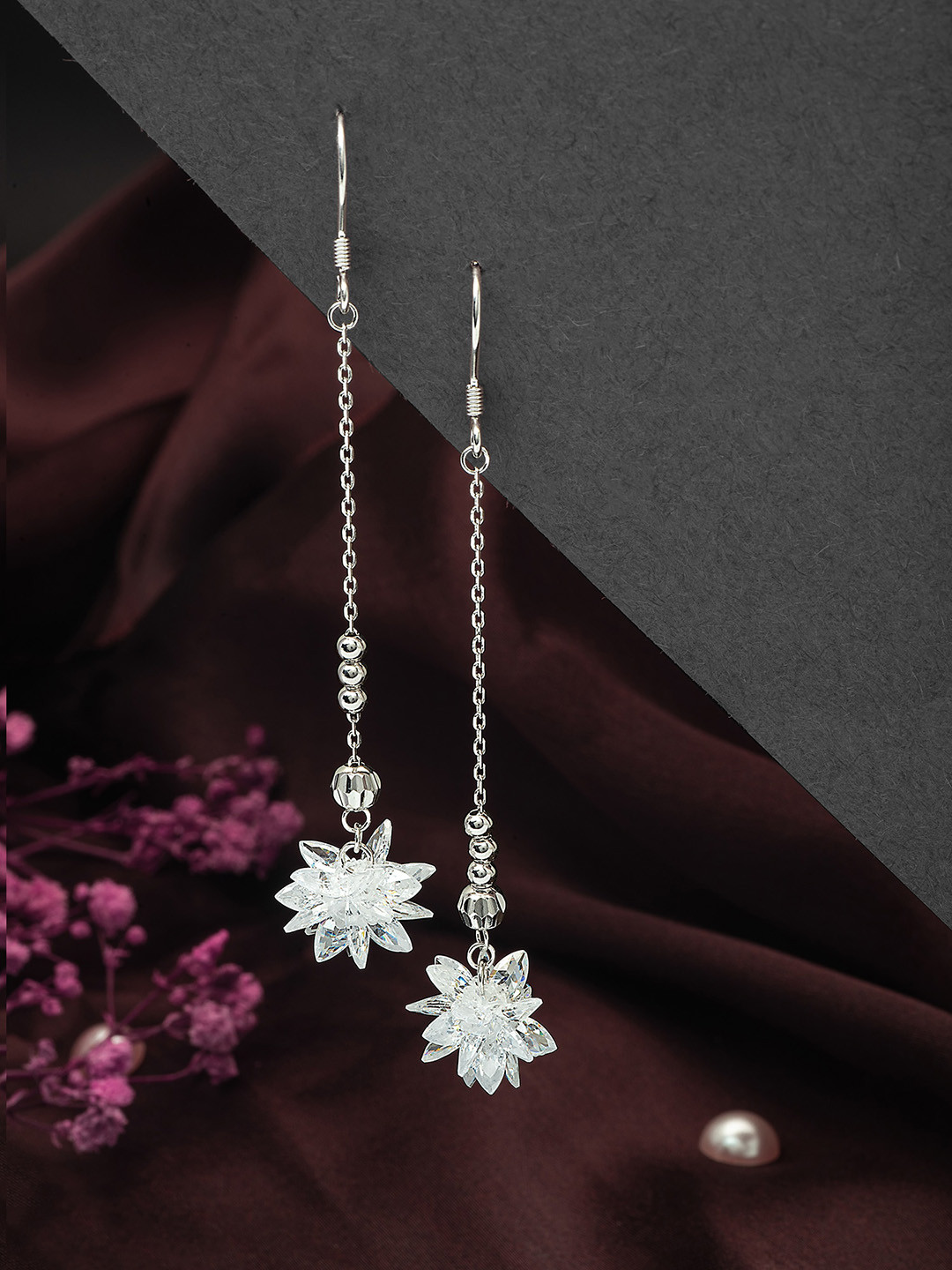 SILBERRY 92.5 Sterling Silver Rhodium-Plated CZ Studded Frozen Flake Drop Earrings