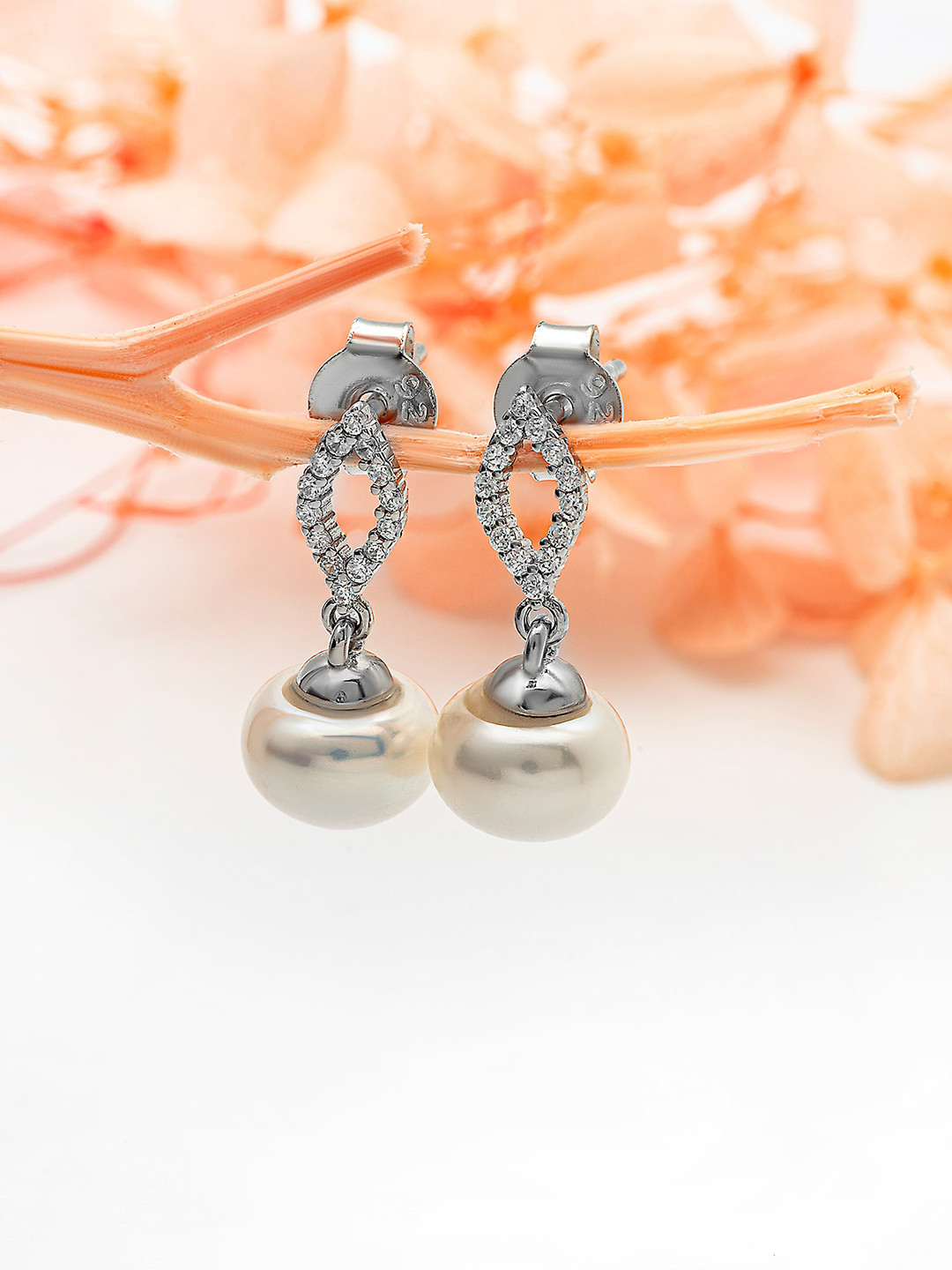 SILBERRY 925 Sterling Silver Rhodium-Plated Cubic Zirconia-Studded & Beaded Drop Earrings