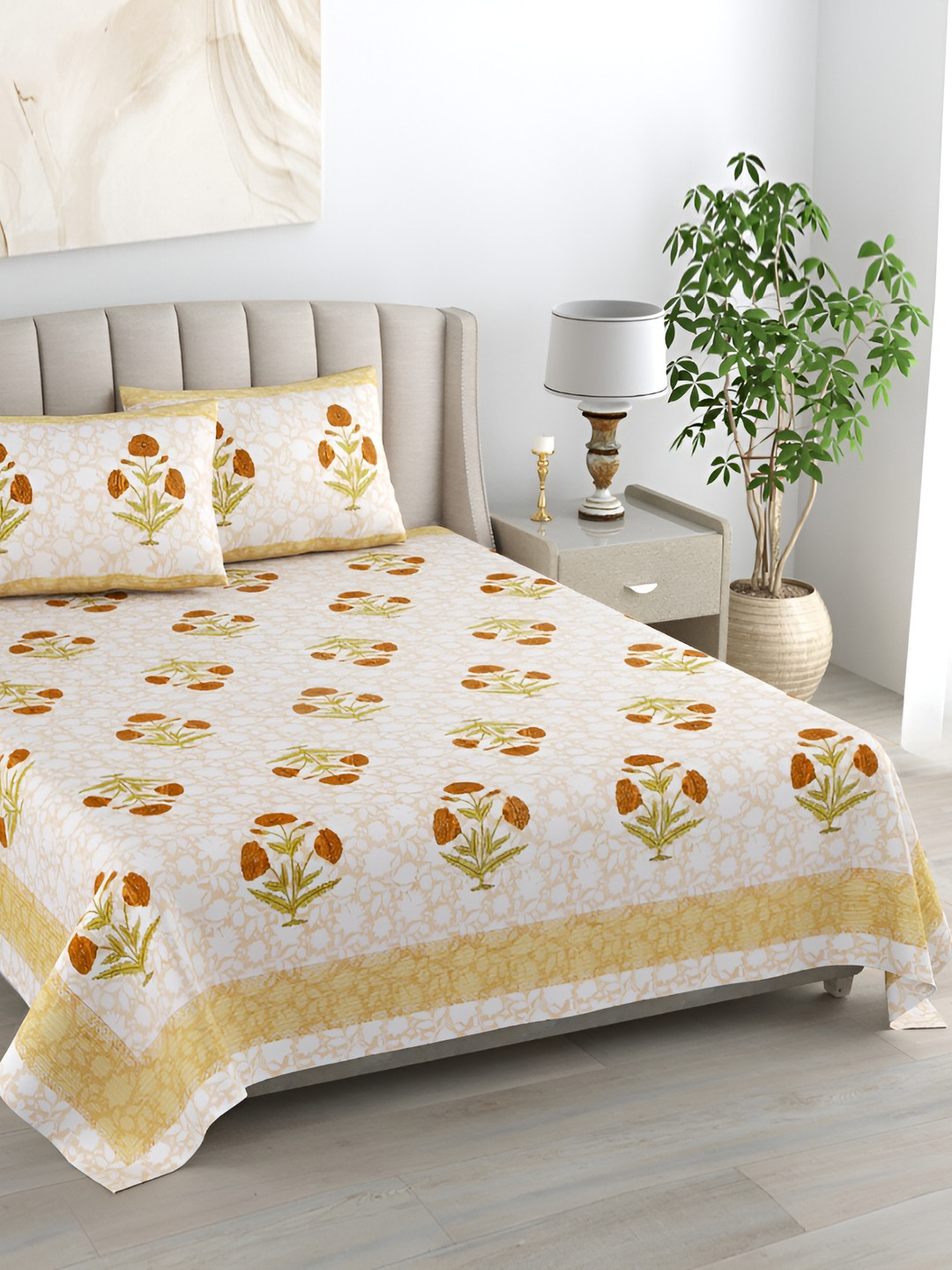EasyGoods Kaya Yellow Floral Cotton 400 TC King Superfine Bedsheet with 2 Pillow Covers-95 x 108 inches