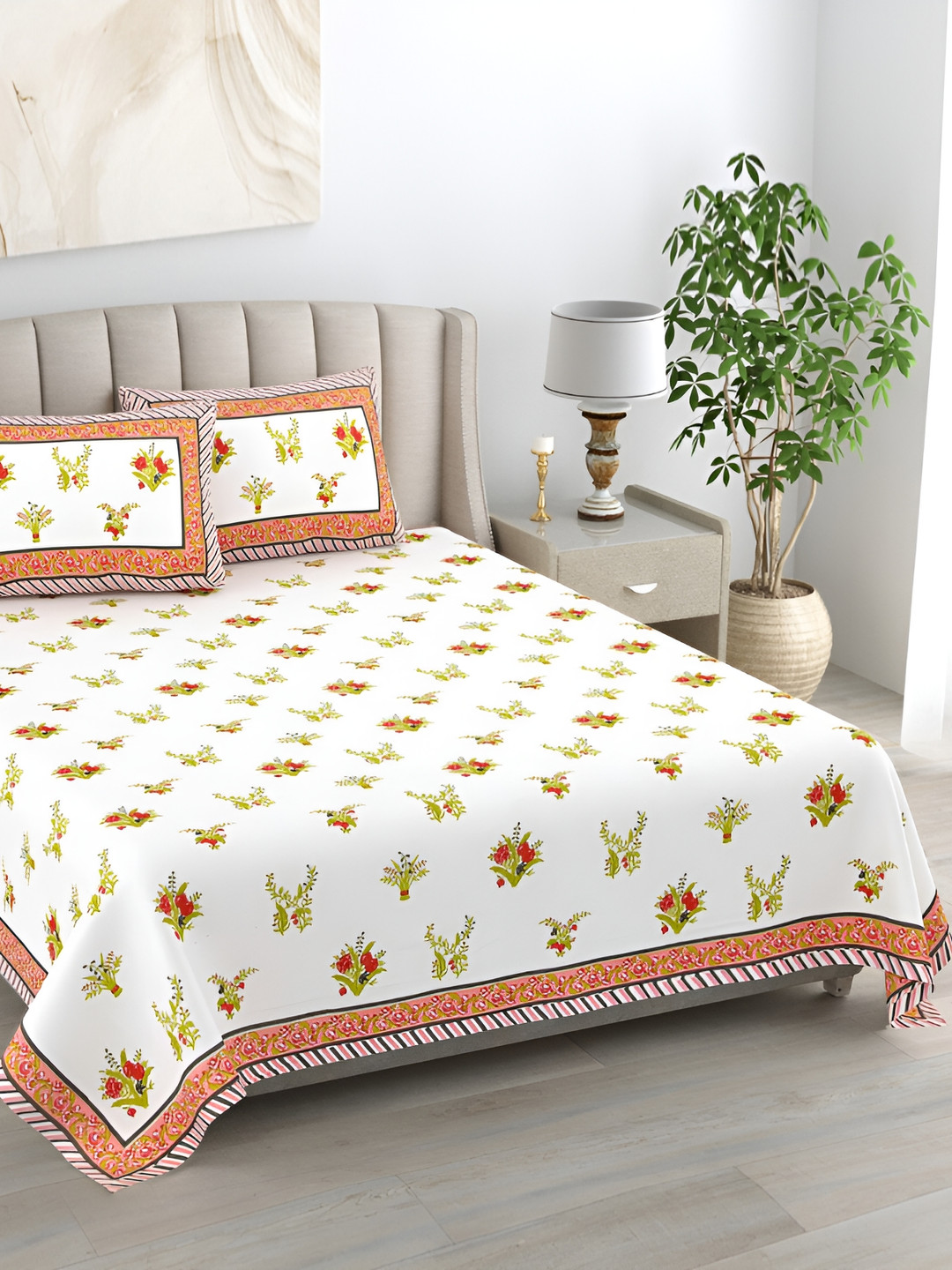 EasyGoods Kaya13 Pink Floral Cotton 400 TC King Fine Bedsheet with 2 Pillow Covers-95 x 108 inches