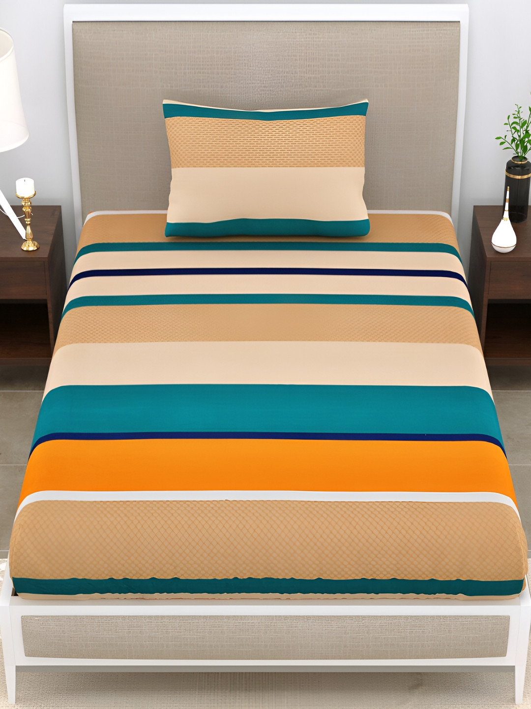EasyGoods Merino Blue Striped Polycotton 210 TC Single Fine Bedsheet with a Pillow Cover-90 x 60 inches