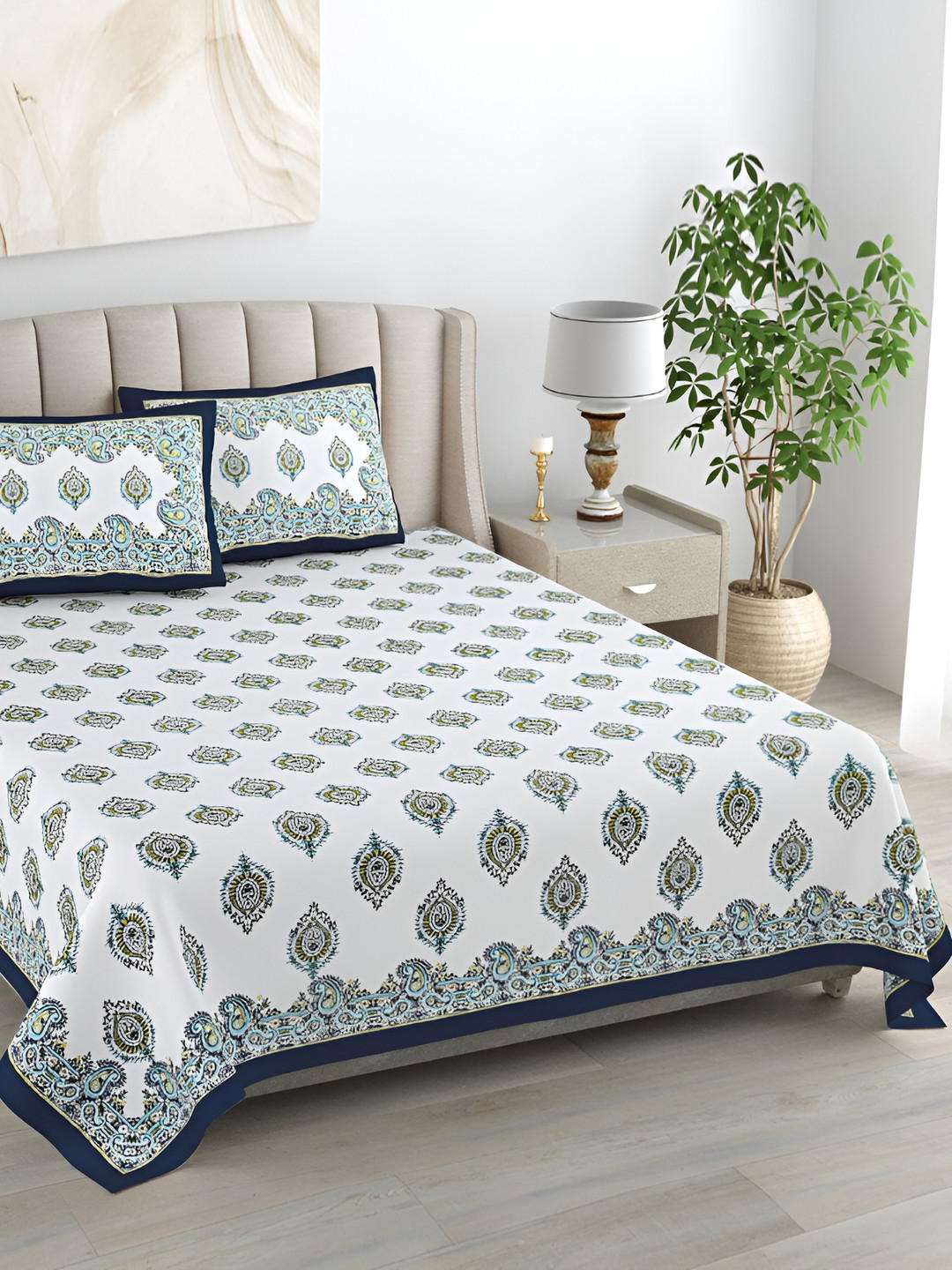 EasyGoods Kaya Blue Ethnic Motifs Cotton 400 TC Double Superfine Bedsheet with 2 Pillow Covers-95 x 108 inches