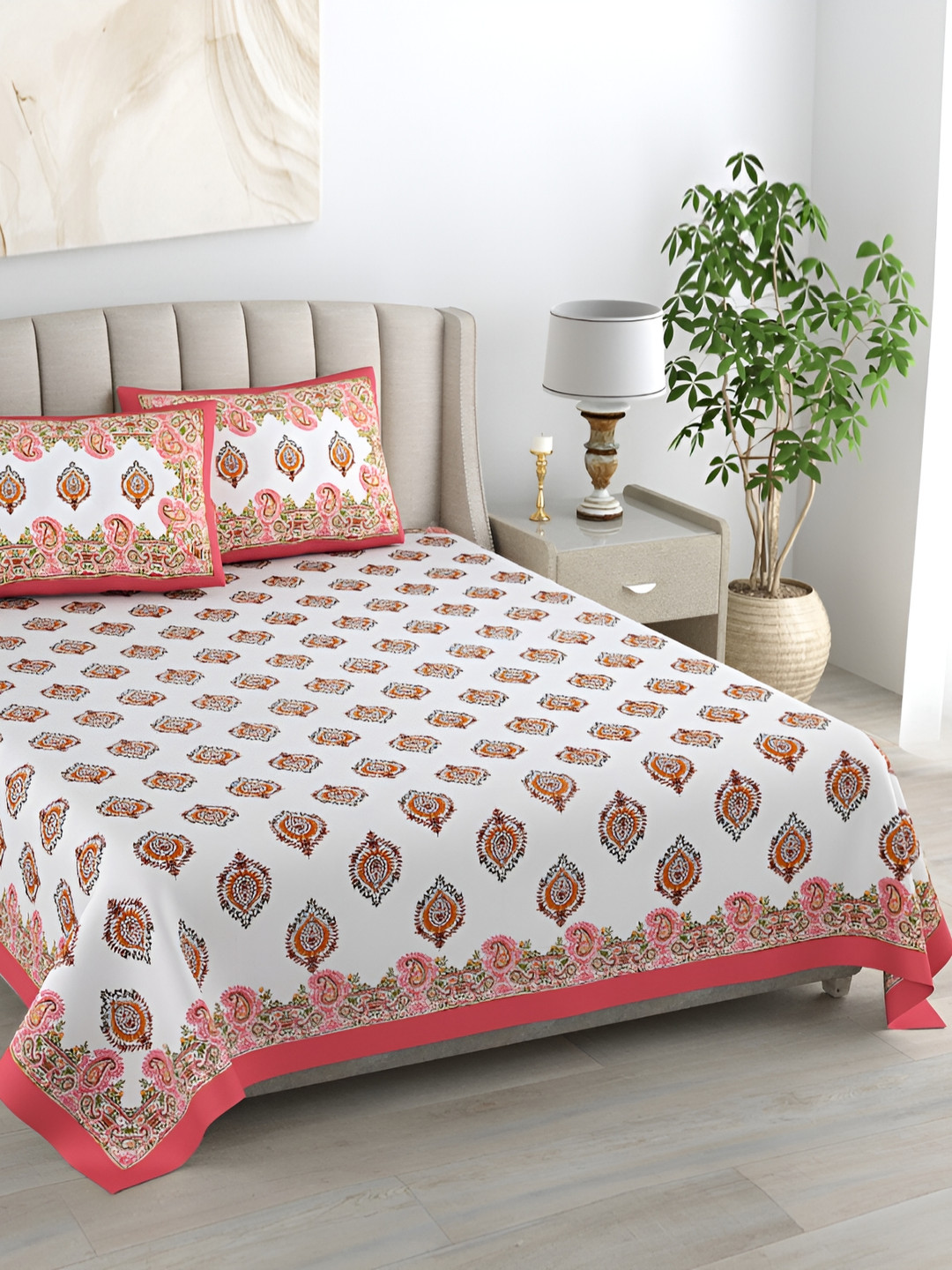 EasyGoods Kaya Pink Ethnic Motifs Cotton 400 TC King Superfine Bedsheet with 2 Pillow Covers-95 x 108 inches