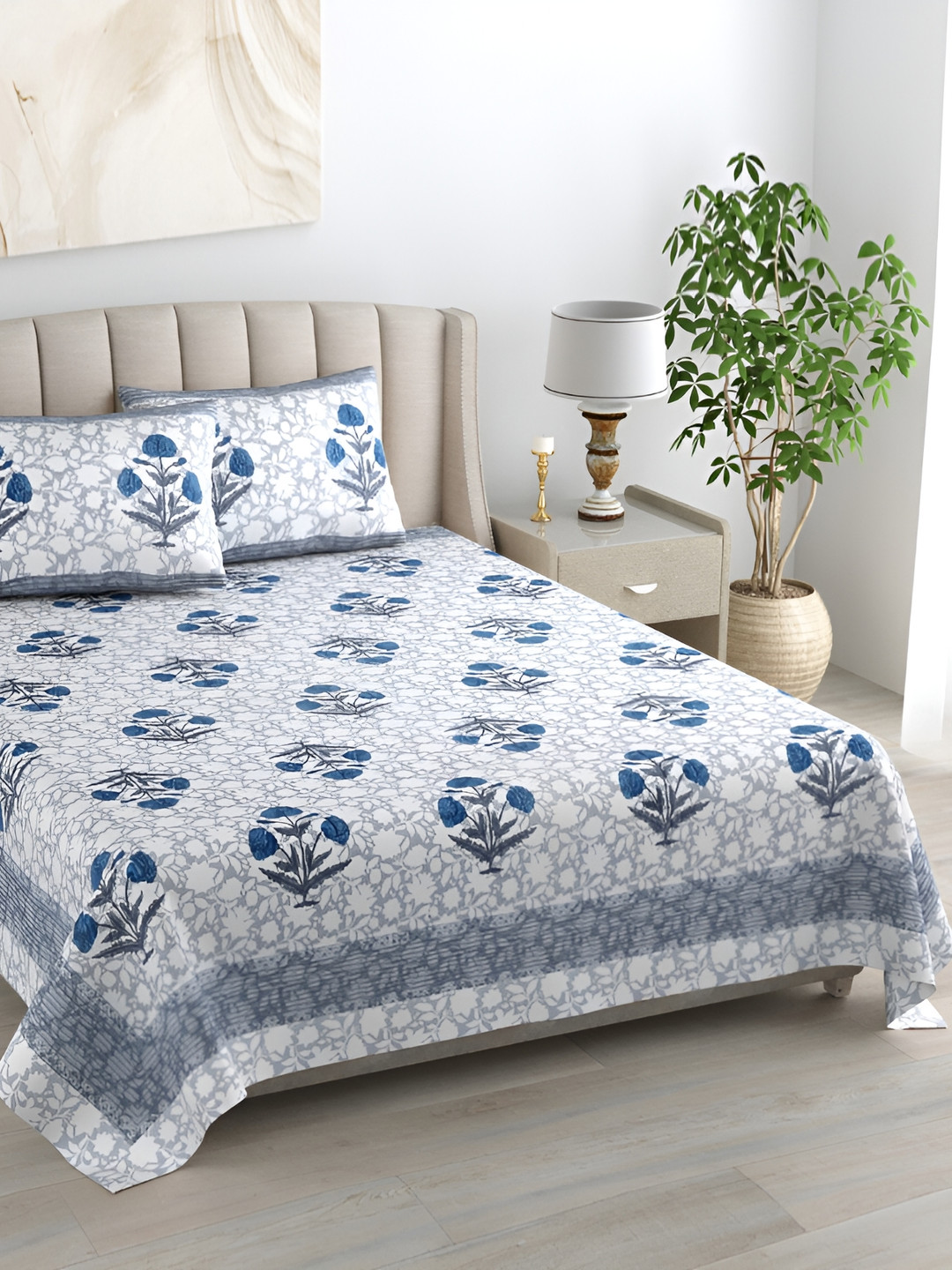 EasyGoods Luxurious Premium Navy Blue Floral Cotton 400 TC King Superfine Bedsheet with 2 Pillow Covers-95 x 108 inches